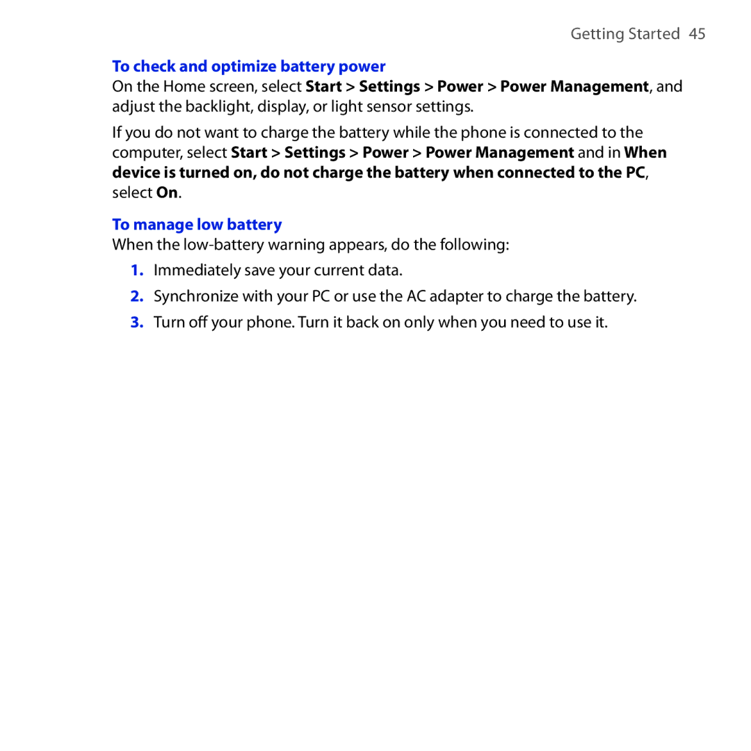 HTC Dash 3G manual To check and optimize battery power, To manage low battery 