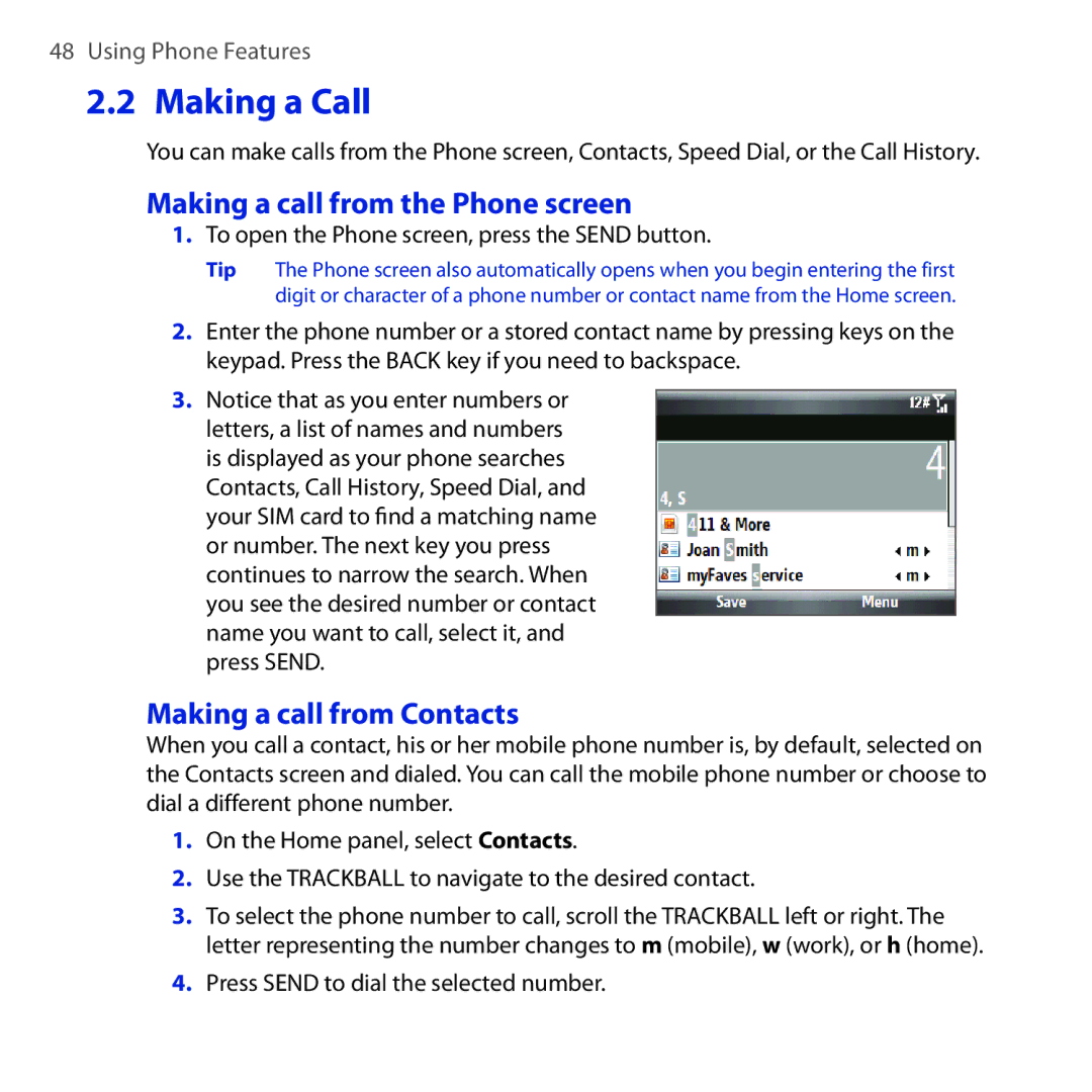 HTC Dash 3G manual Making a Call, Making a call from the Phone screen, Making a call from Contacts 