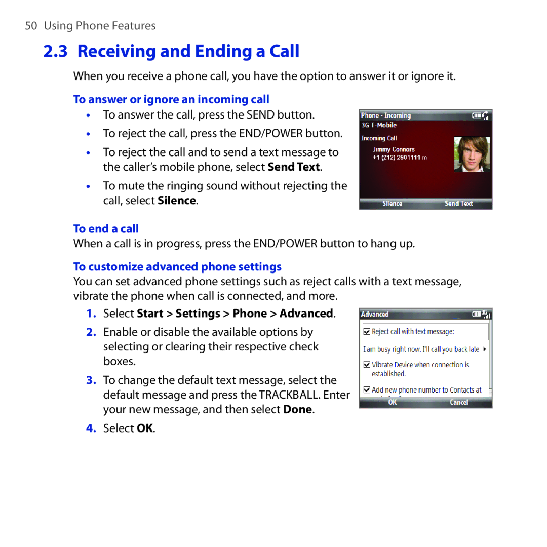 HTC Dash 3G manual Receiving and Ending a Call, To answer or ignore an incoming call, To end a call 