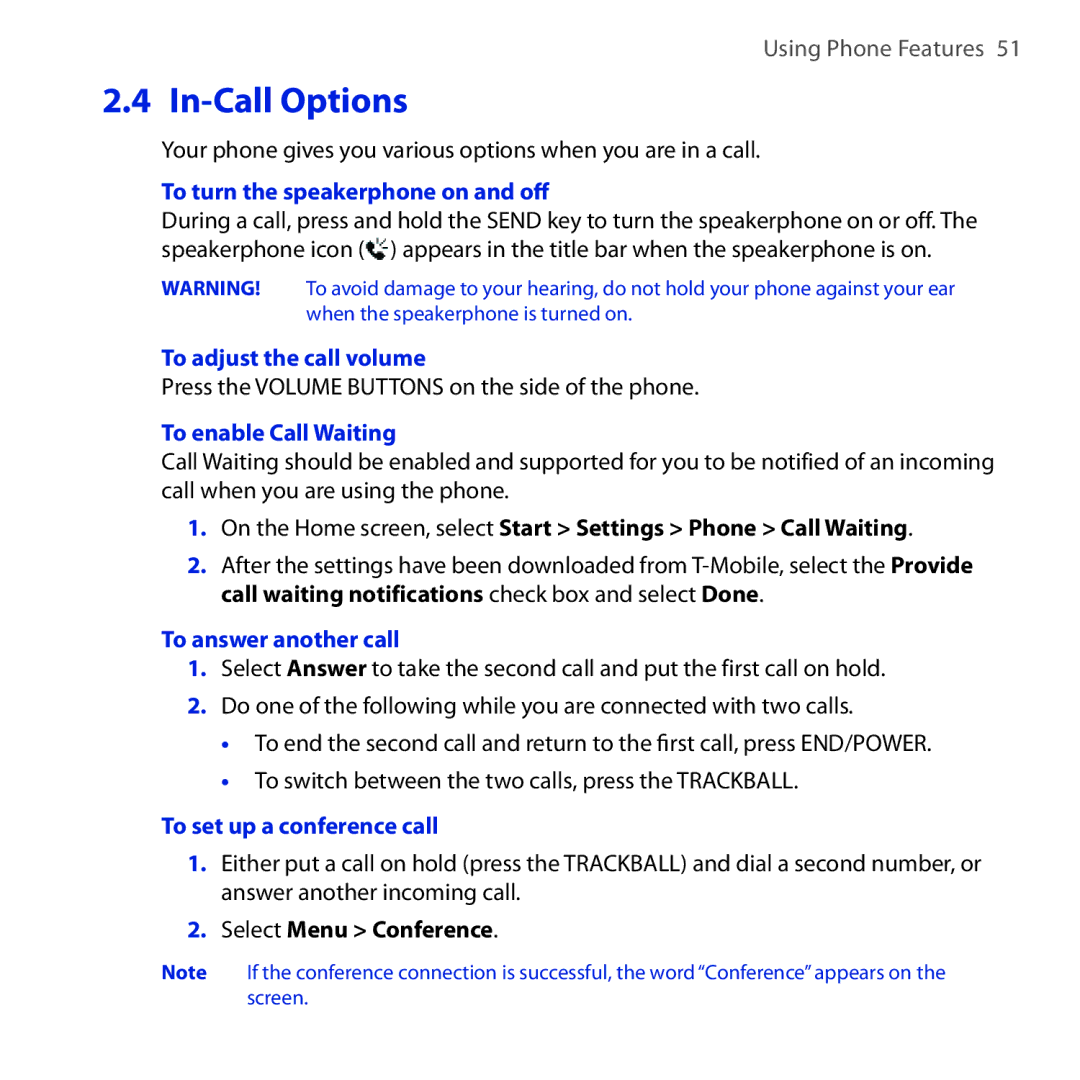 HTC Dash 3G manual In-Call Options 