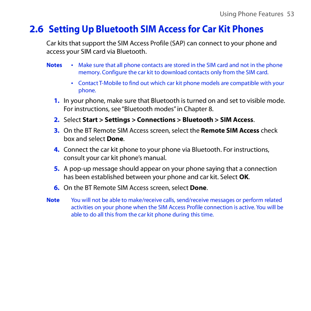 HTC Dash 3G Setting Up Bluetooth SIM Access for Car Kit Phones, Select Start Settings Connections Bluetooth SIM Access 