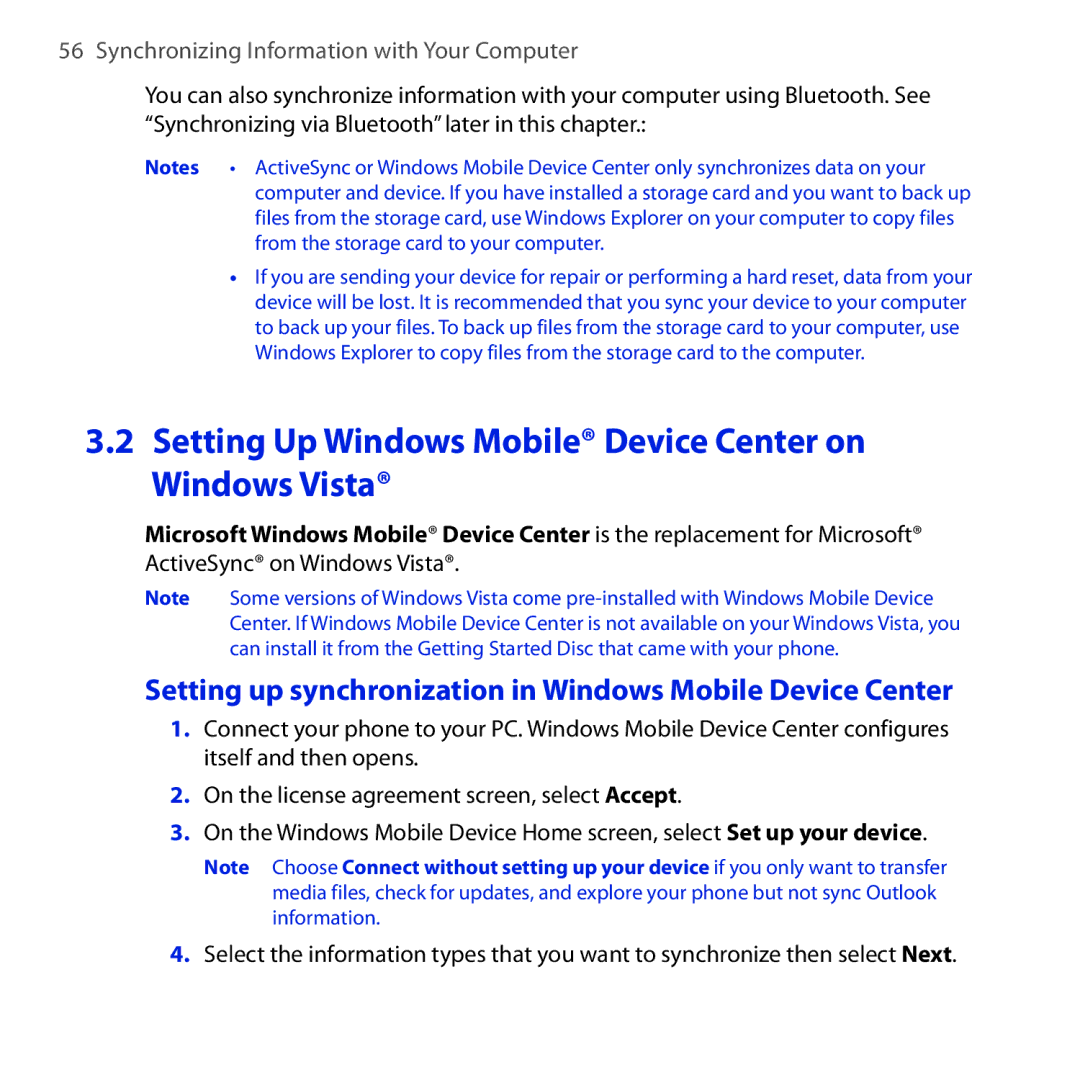 HTC Dash 3G manual Setting Up Windows Mobile Device Center on Windows Vista 