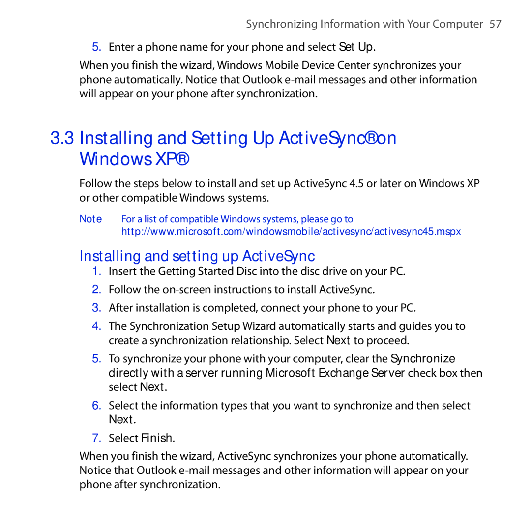 HTC Dash 3G manual Installing and Setting Up ActiveSync on Windows XP, Installing and setting up ActiveSync 