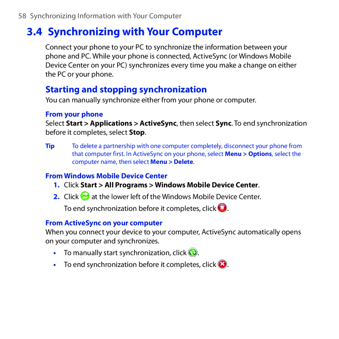 HTC Dash 3G manual Synchronizing with Your Computer, Starting and stopping synchronization, From your phone 