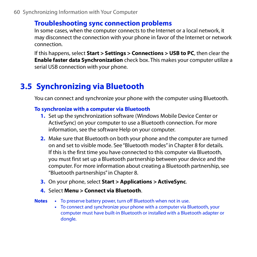 HTC Dash 3G manual Synchronizing via Bluetooth, Troubleshooting sync connection problems 