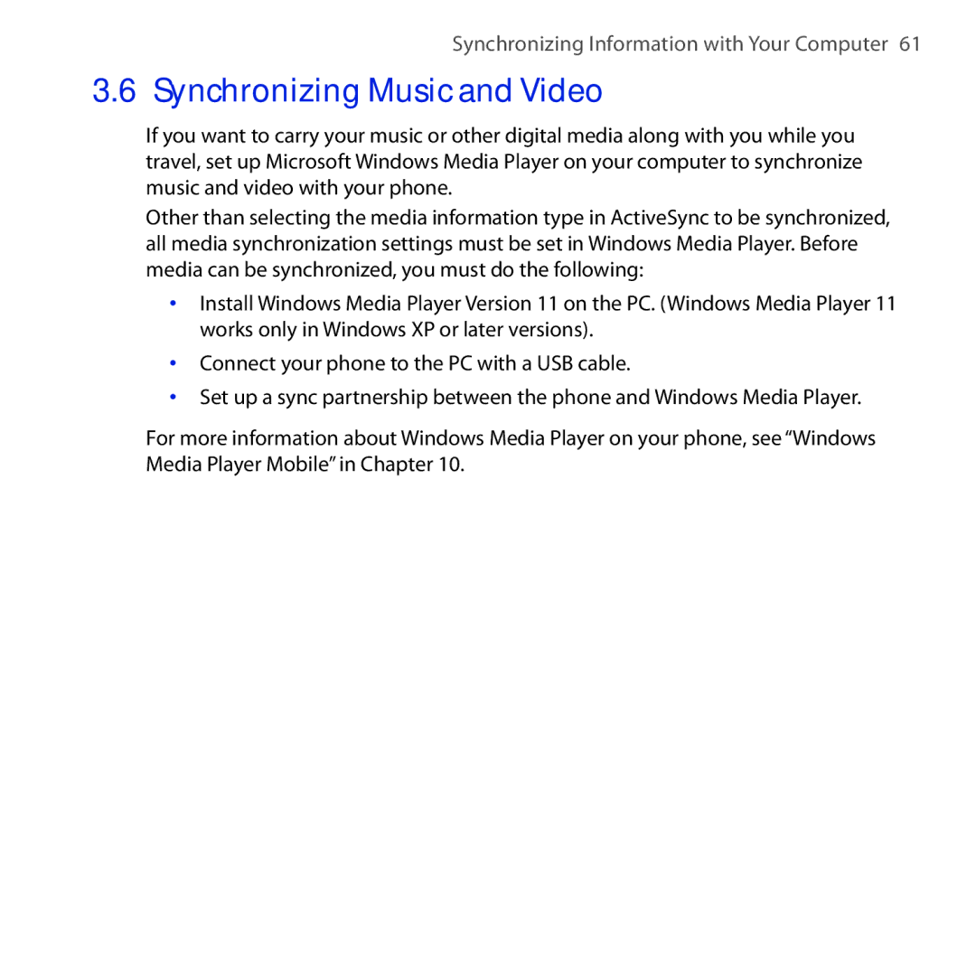 HTC Dash 3G manual Synchronizing Music and Video 