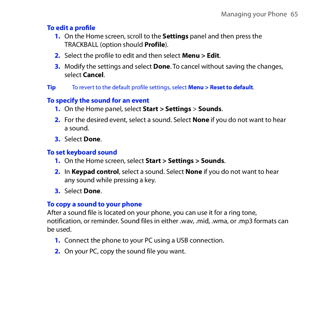 HTC Dash 3G To edit a profile, To specify the sound for an event, To set keyboard sound, To copy a sound to your phone 