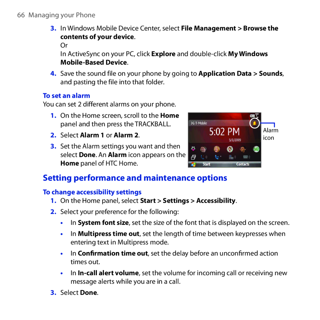 HTC Dash 3G manual Setting performance and maintenance options, To set an alarm, Select Alarm 1 or Alarm 