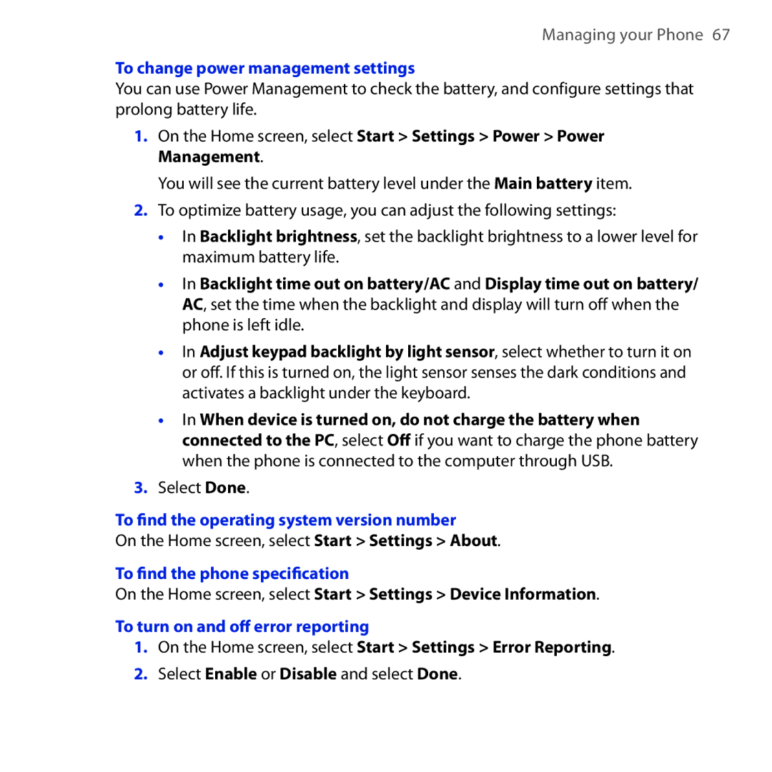 HTC Dash 3G manual To change power management settings, To find the operating system version number 