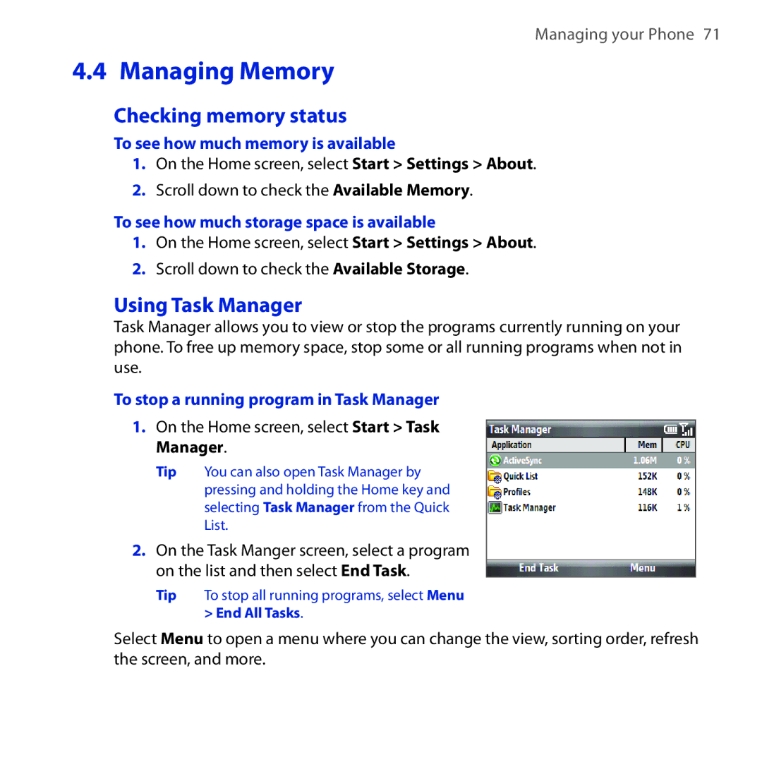 HTC Dash 3G manual Managing Memory, Checking memory status, Using Task Manager 