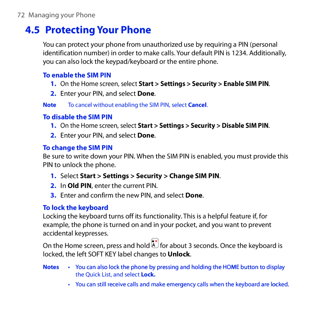 HTC Dash 3G manual Protecting Your Phone, To enable the SIM PIN, To disable the SIM PIN, To change the SIM PIN 