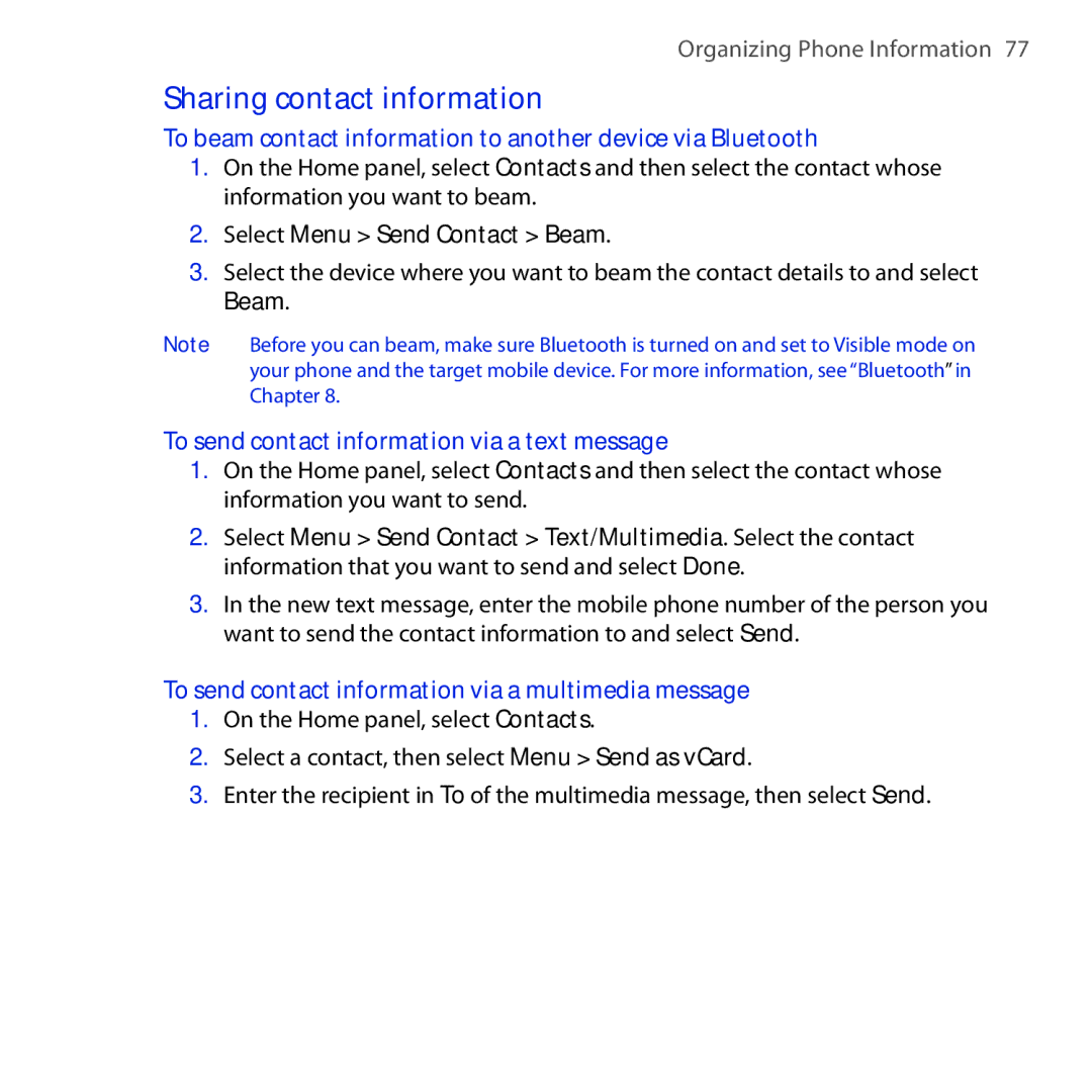 HTC Dash 3G manual Sharing contact information, To beam contact information to another device via Bluetooth 