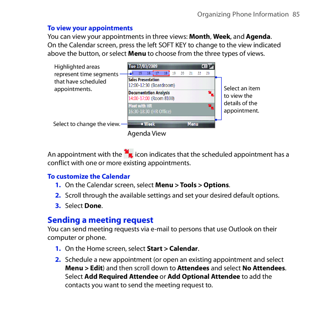 HTC Dash 3G manual Sending a meeting request, To view your appointments, To customize the Calendar 