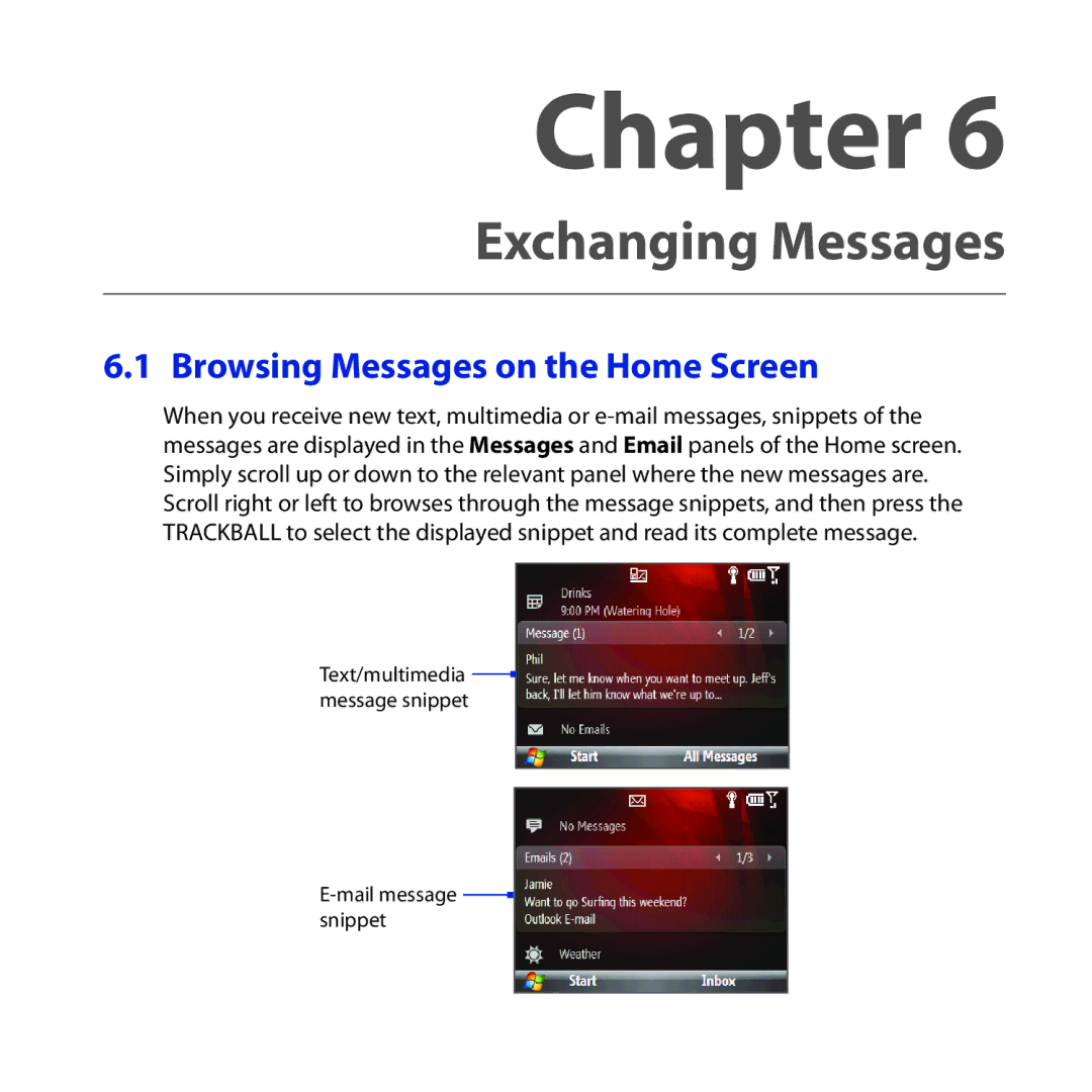 HTC Dash 3G manual Exchanging Messages, Browsing Messages on the Home Screen 