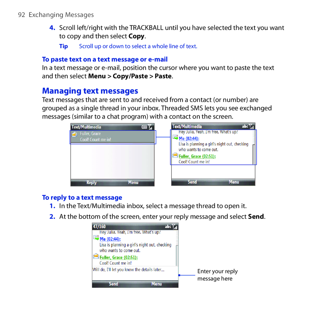 HTC Dash 3G manual Managing text messages, To paste text on a text message or e-mail, To reply to a text message 