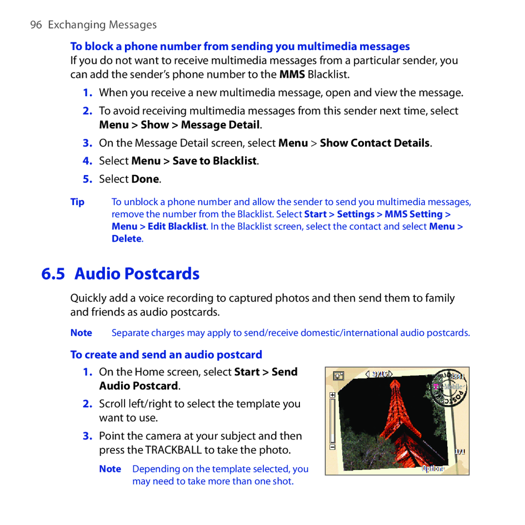 HTC Dash 3G manual Audio Postcards, Select Menu Save to Blacklist, To create and send an audio postcard 