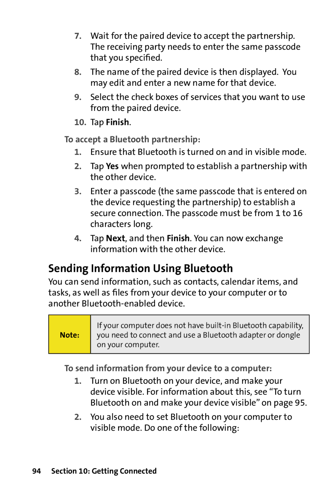 HTC Dash manual Sending Information Using Bluetooth, To accept a Bluetooth partnership 