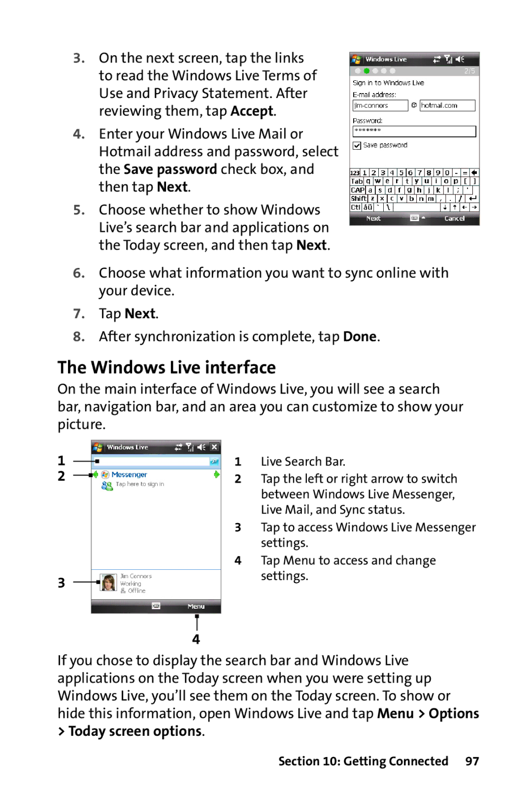 HTC Dash manual Windows Live interface 