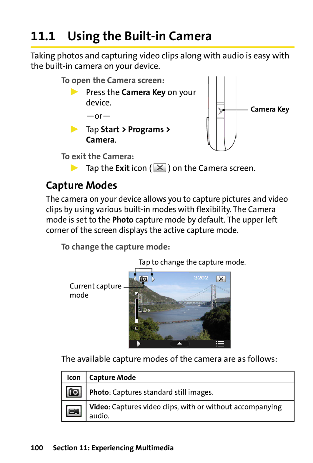 HTC Dash manual Using the Built-in Camera, Capture Modes, To open the Camera screen, To exit the Camera 