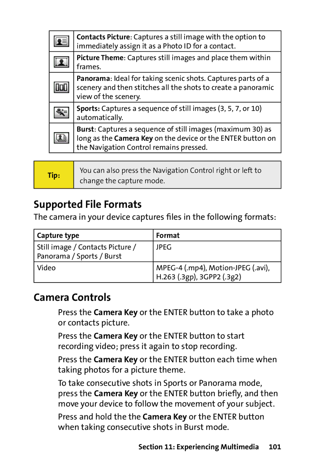 HTC Dash manual Supported File Formats, Camera Controls, Capture type Format 