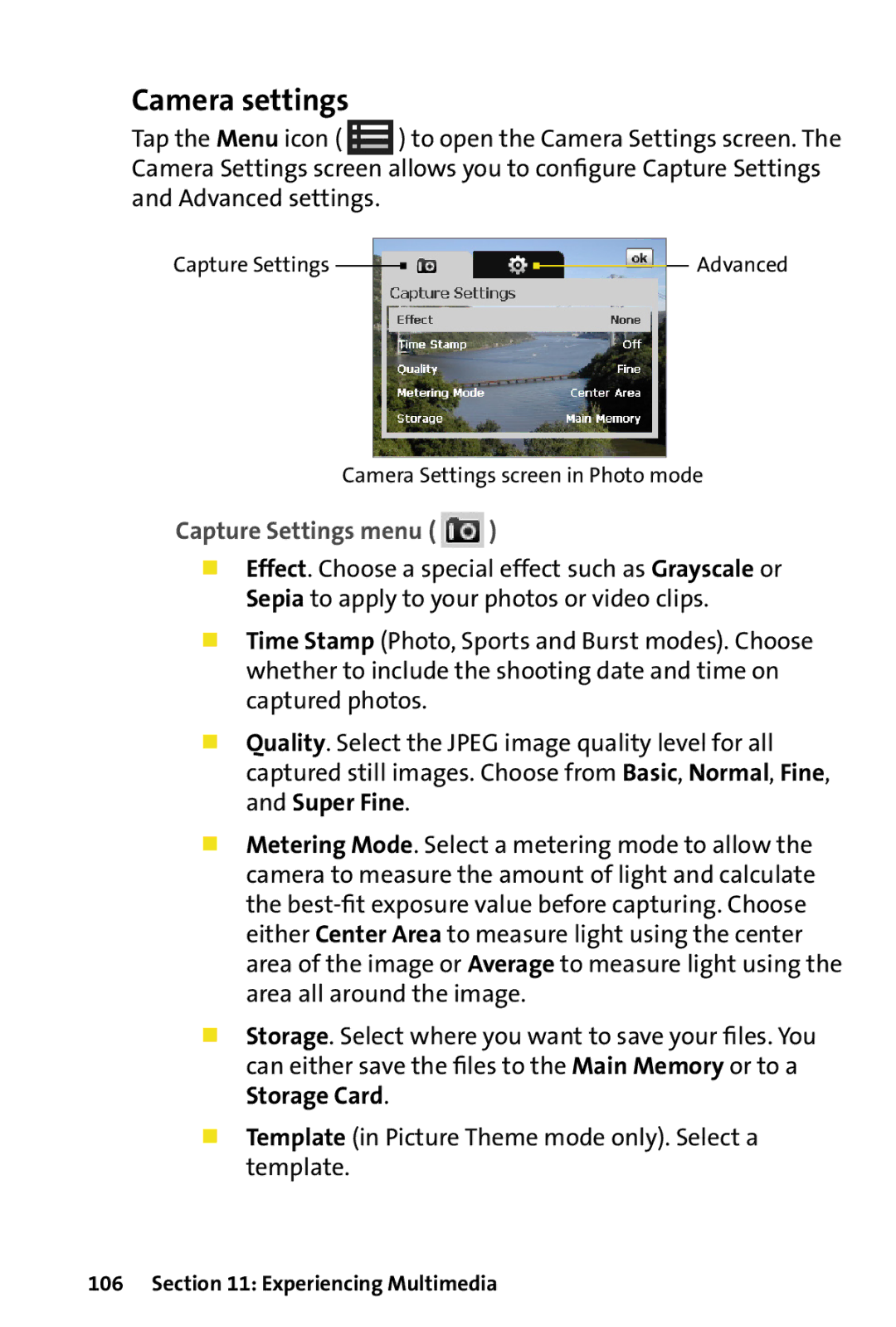 HTC Dash manual Camera settings, Capture Settings menu 