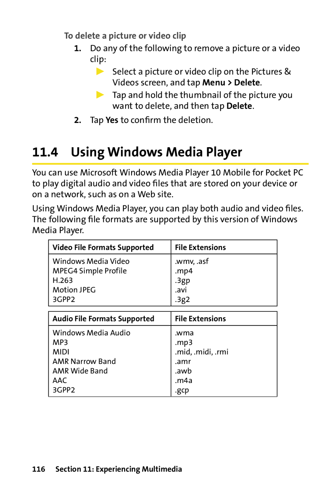 HTC Dash manual Using Windows Media Player, To delete a picture or video clip, Video File Formats Supported File Extensions 