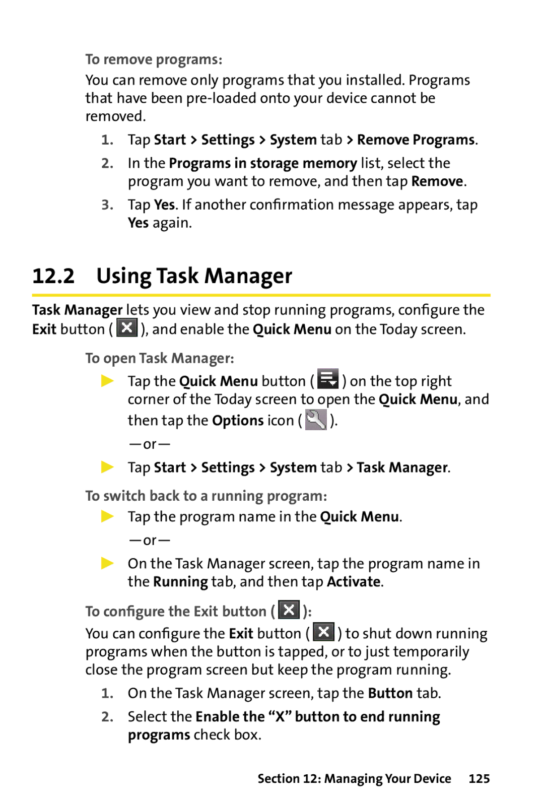 HTC Dash manual Using Task Manager, To remove programs, To open Task Manager, To switch back to a running program 