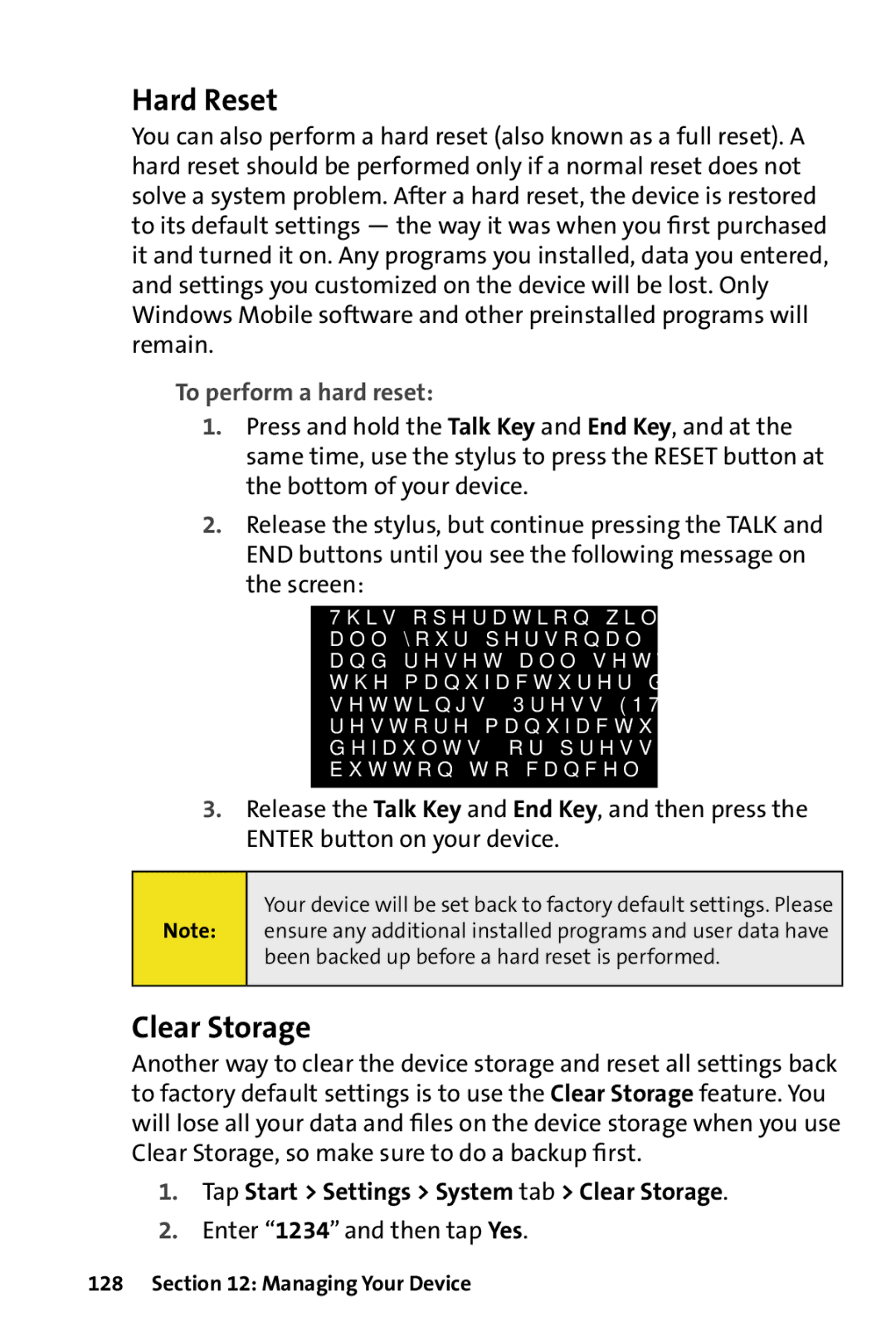 HTC Dash Hard Reset, To perform a hard reset, Tap Start Settings System tab Clear Storage, Enter 1234 and then tap Yes 