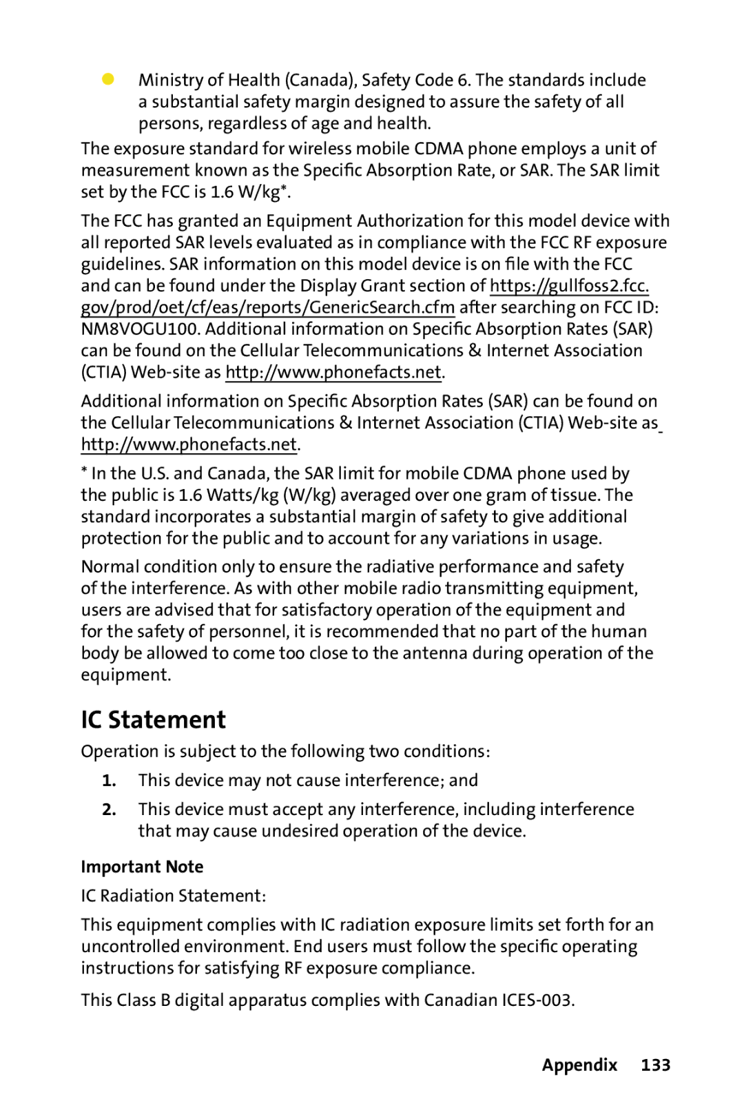 HTC Dash manual IC Statement, Important Note 