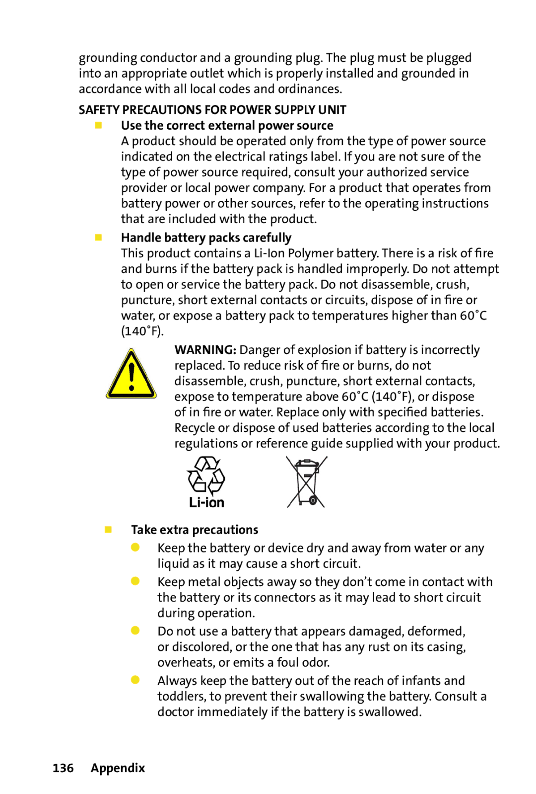 HTC Dash manual  Use the correct external power source,  Handle battery packs carefully,  Take extra precautions 