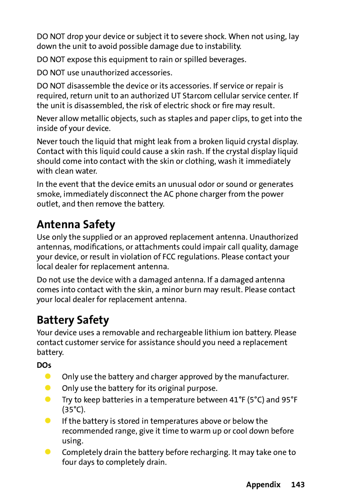 HTC Dash manual Antenna Safety, Battery Safety, DOs 