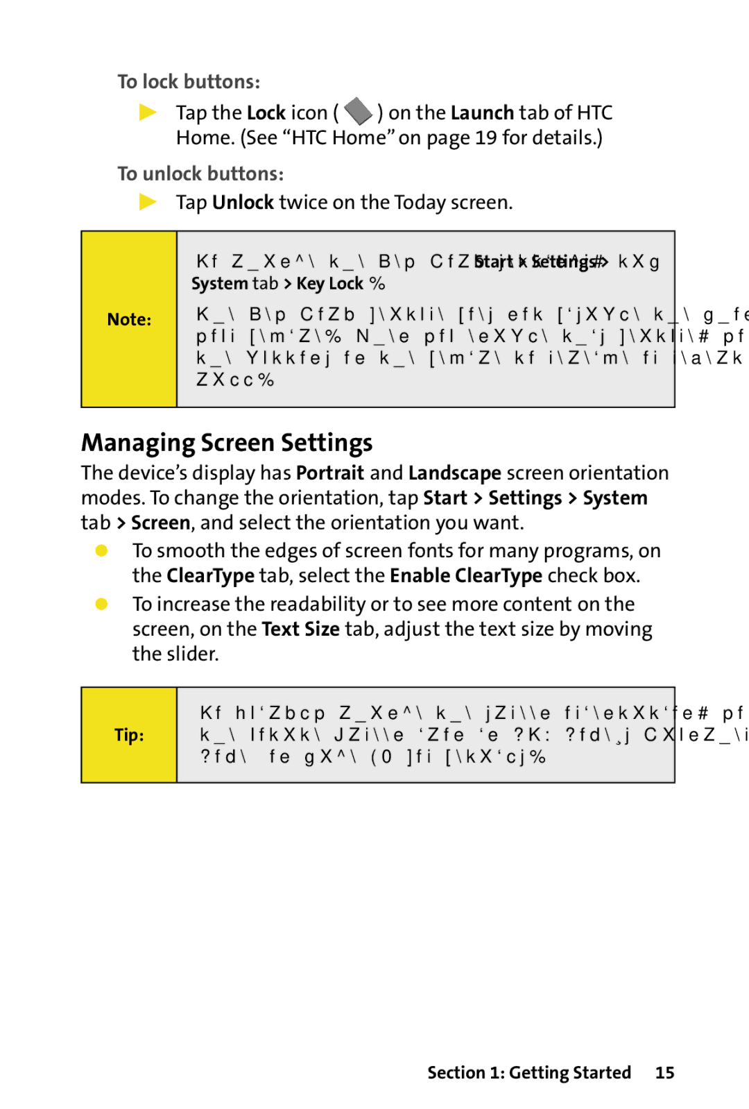 HTC Dash manual Managing Screen Settings, To lock buttons, To unlock buttons,  Tap Unlock twice on the Today screen, Tip 