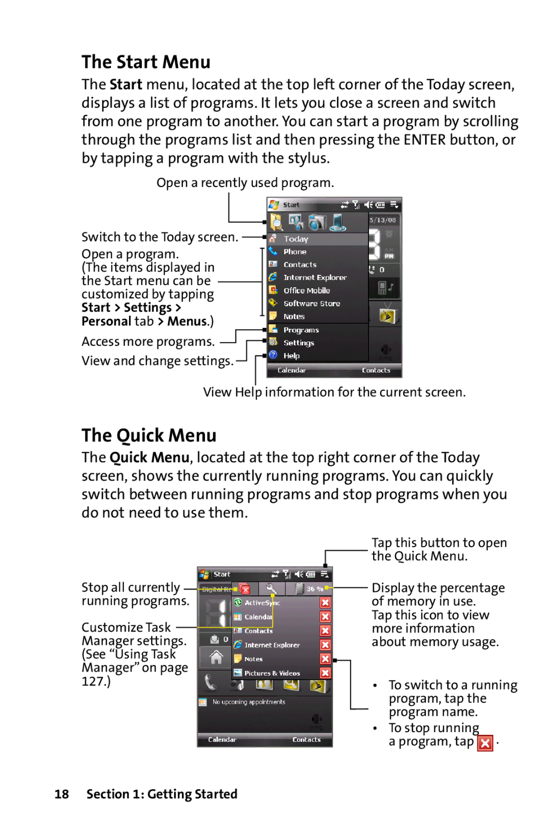 HTC Dash manual Start Menu, Quick Menu, Start Settings Personal tab Menus 