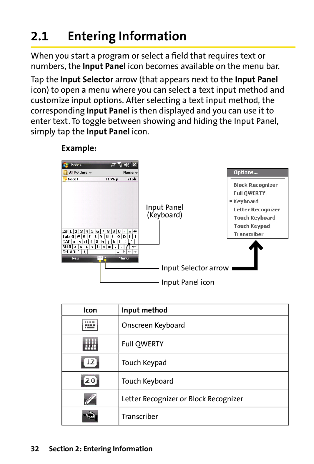 HTC Dash manual Entering Information, Example, Icon Input method 