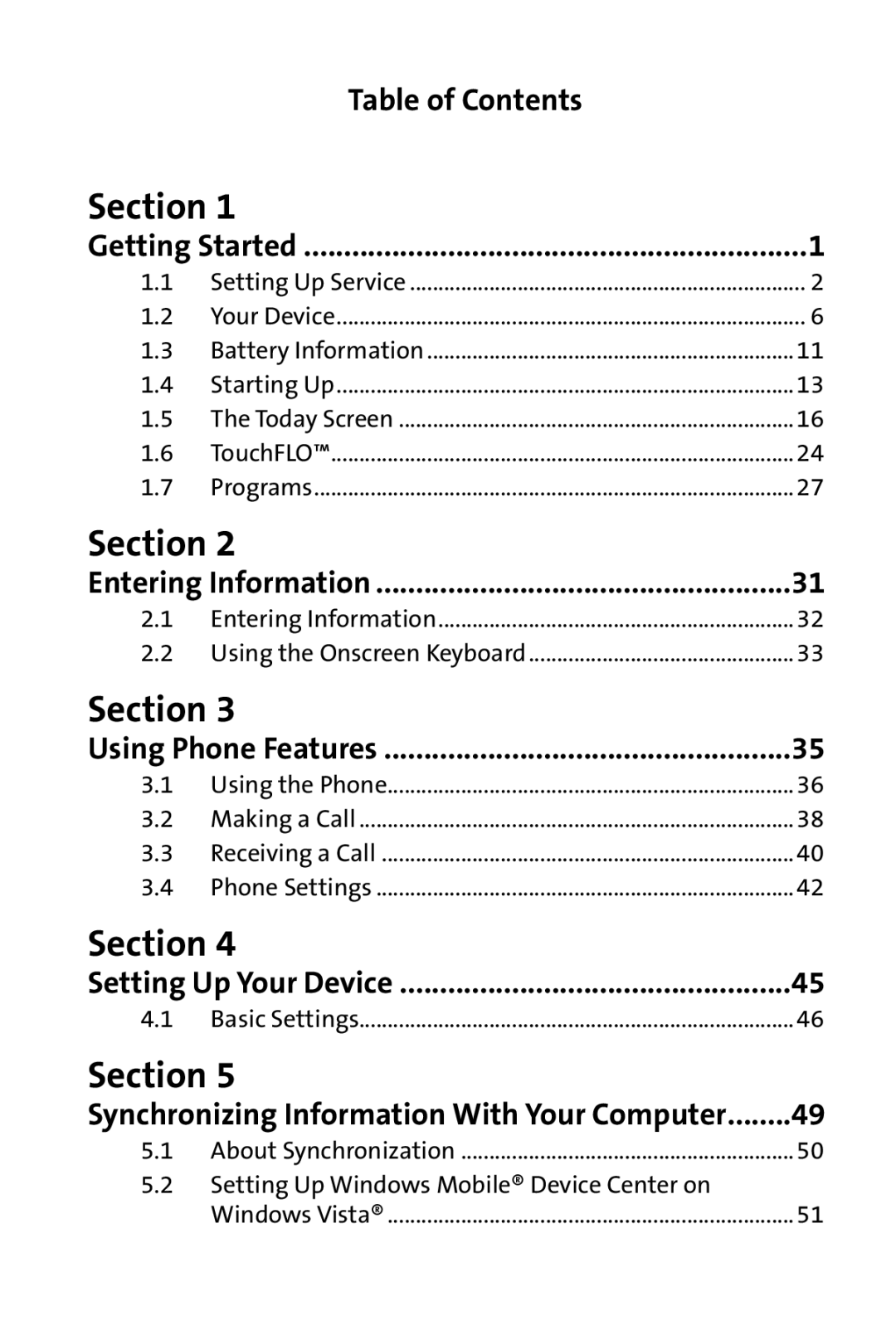 HTC Dash manual Section, Table of Contents, Setting Up Windows Mobile Device Center on 