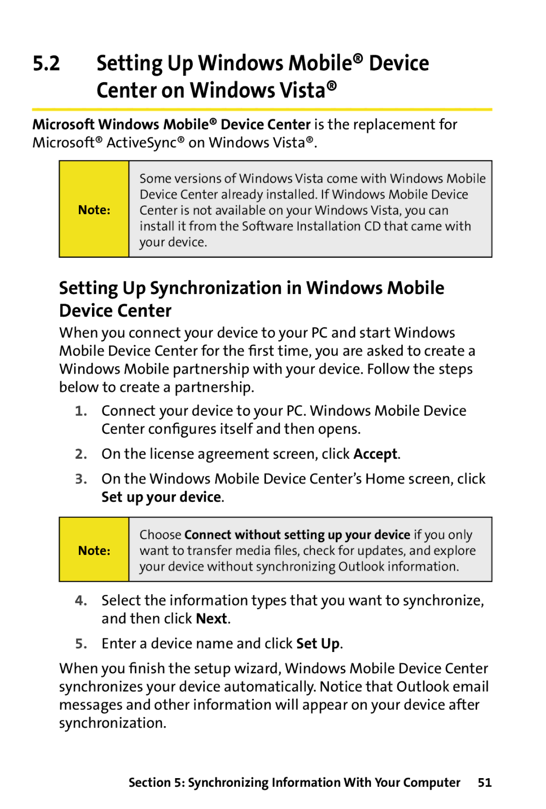 HTC Dash manual Setting Up Synchronization in Windows Mobile Device Center, Microsoft ActiveSync on Windows Vista 