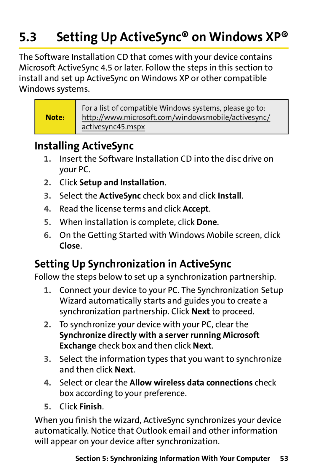 HTC Dash manual Installing ActiveSync, Setting Up Synchronization in ActiveSync, Click Setup and Installation 