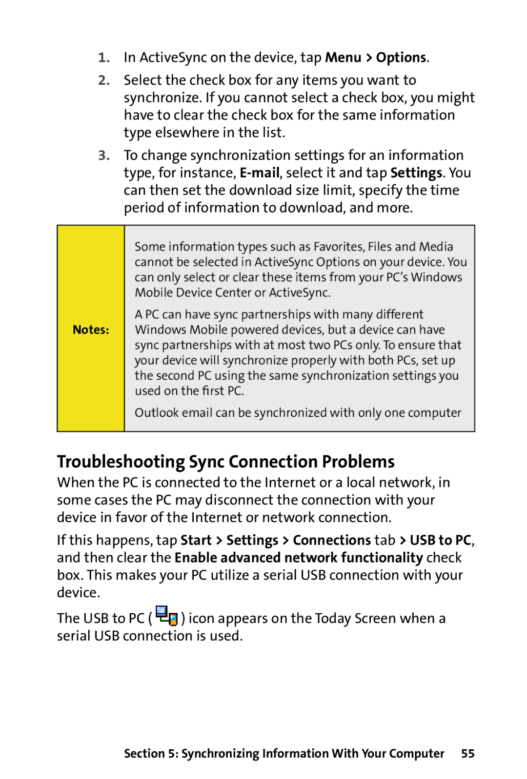 HTC Dash manual Troubleshooting Sync Connection Problems 