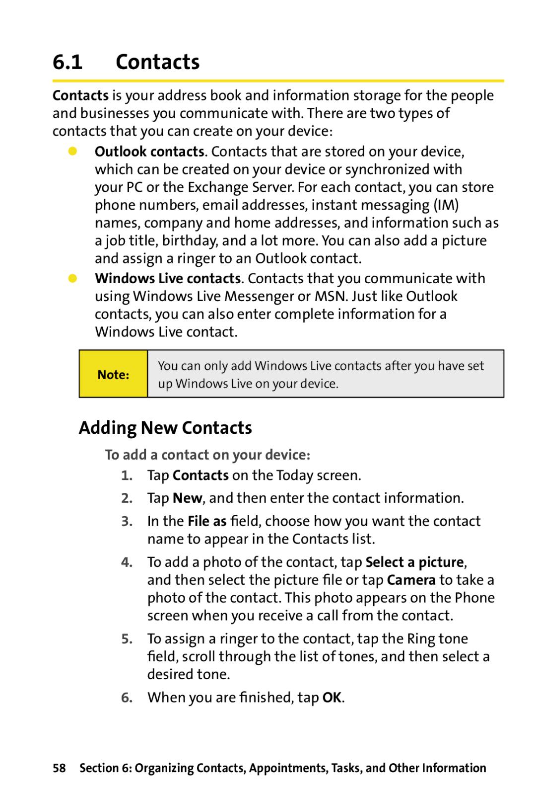 HTC Dash manual Adding New Contacts, To add a contact on your device 