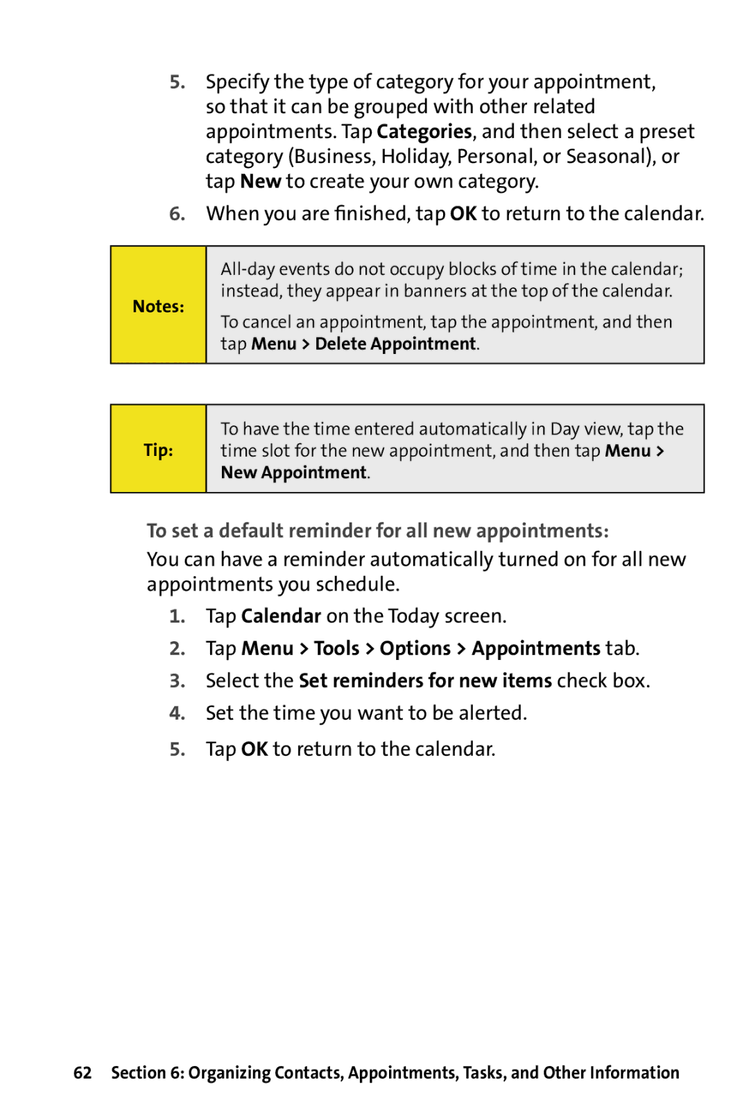 HTC Dash manual When you are ﬁnished, tap OK to return to the calendar, To set a default reminder for all new appointments 