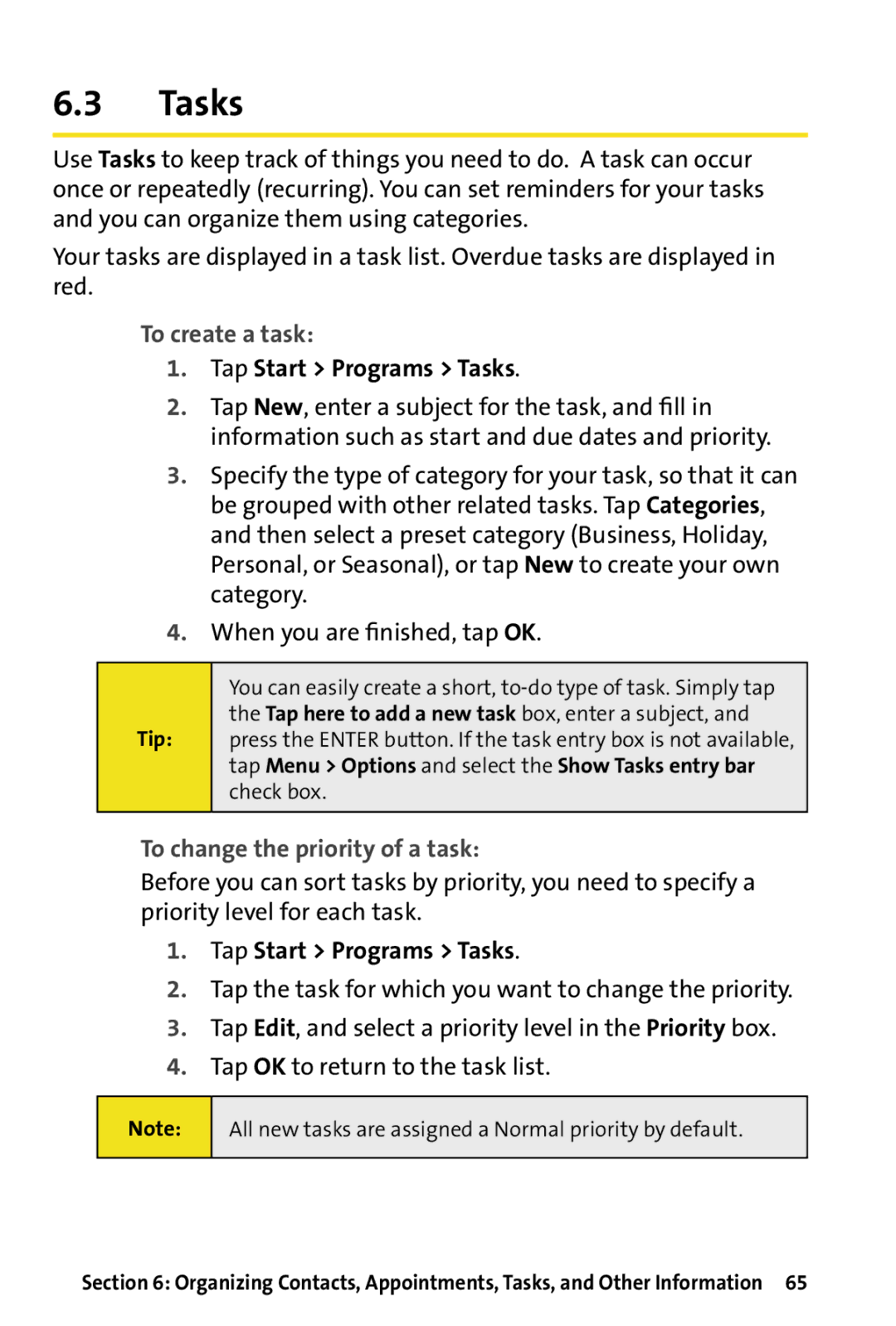 HTC Dash manual To create a task, Tap Start Programs Tasks, To change the priority of a task 