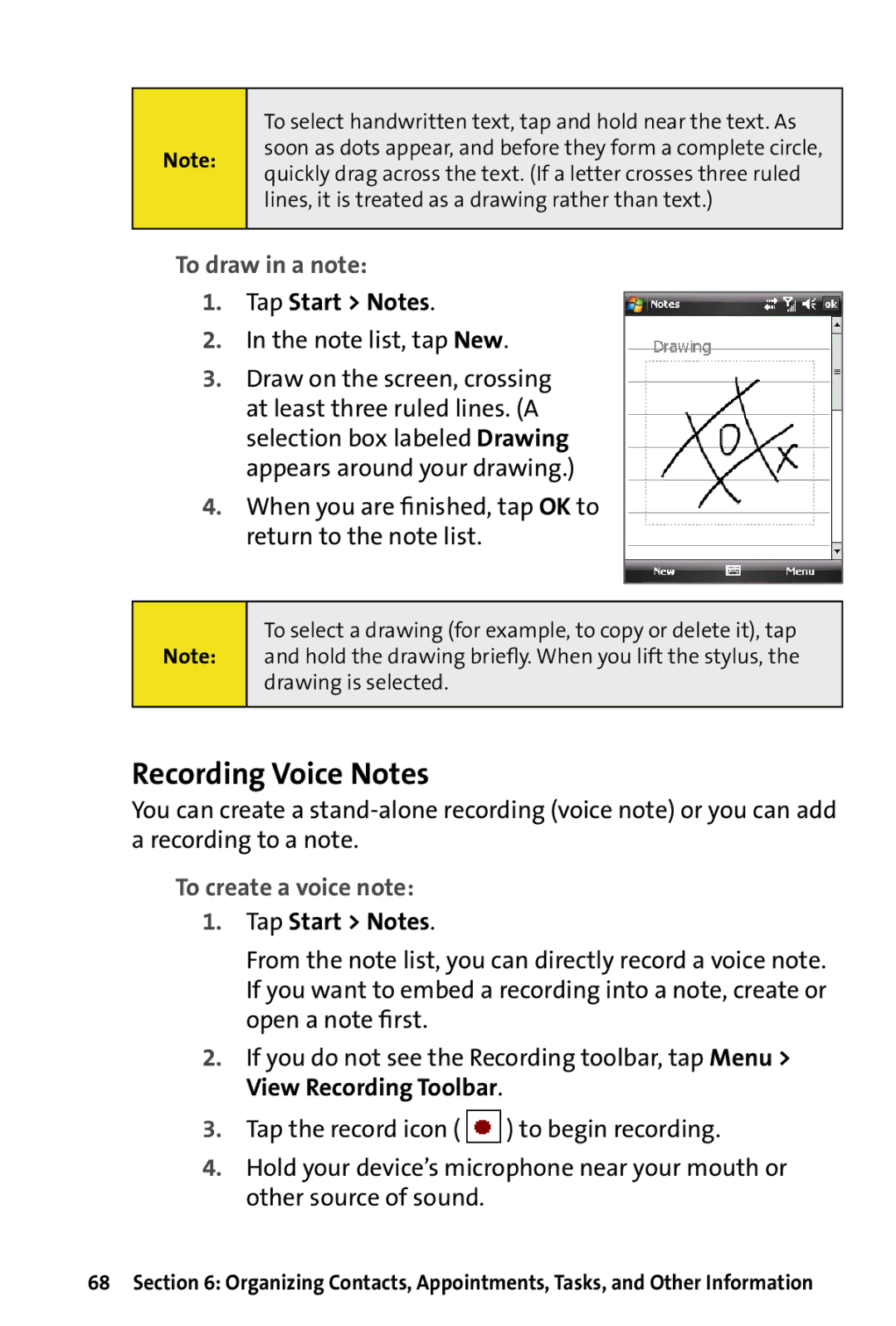 HTC Dash manual Recording Voice Notes, To draw in a note, To create a voice note 