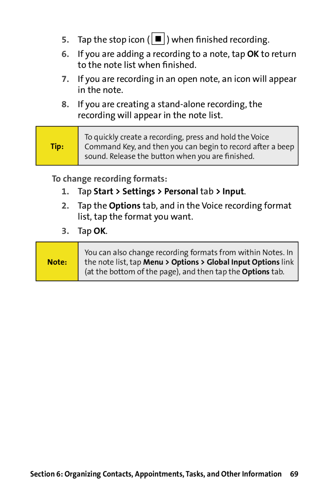 HTC Dash manual To change recording formats, Tap Start Settings Personal tab Input 