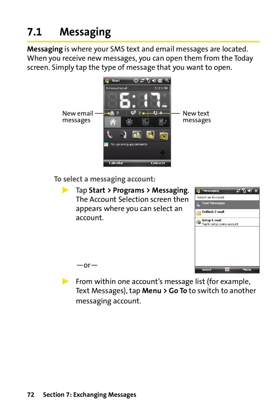 HTC Dash manual Messaging, To select a messaging account, Exchanging Messages 