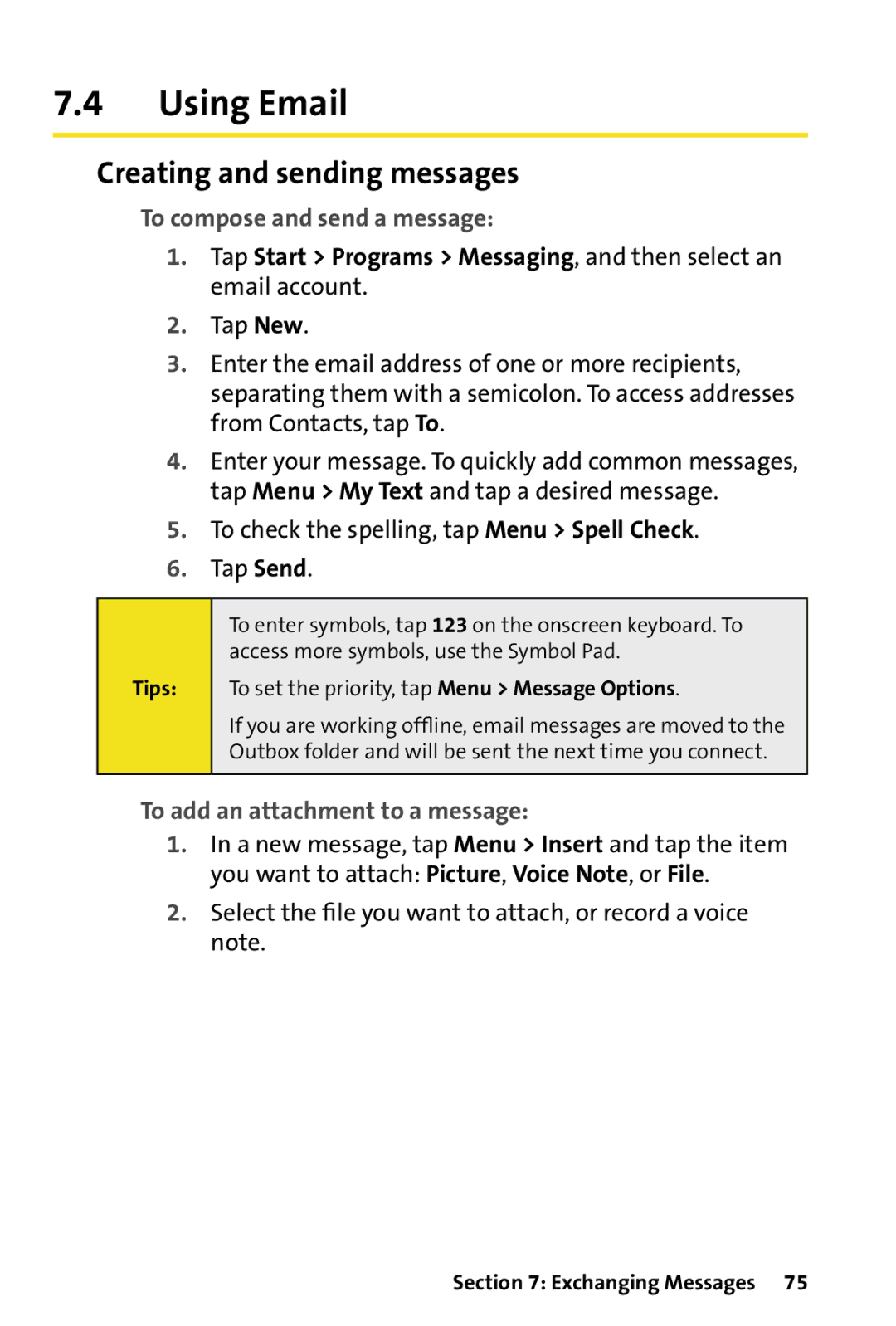 HTC Dash Using Email, Creating and sending messages, To compose and send a message, To add an attachment to a message 