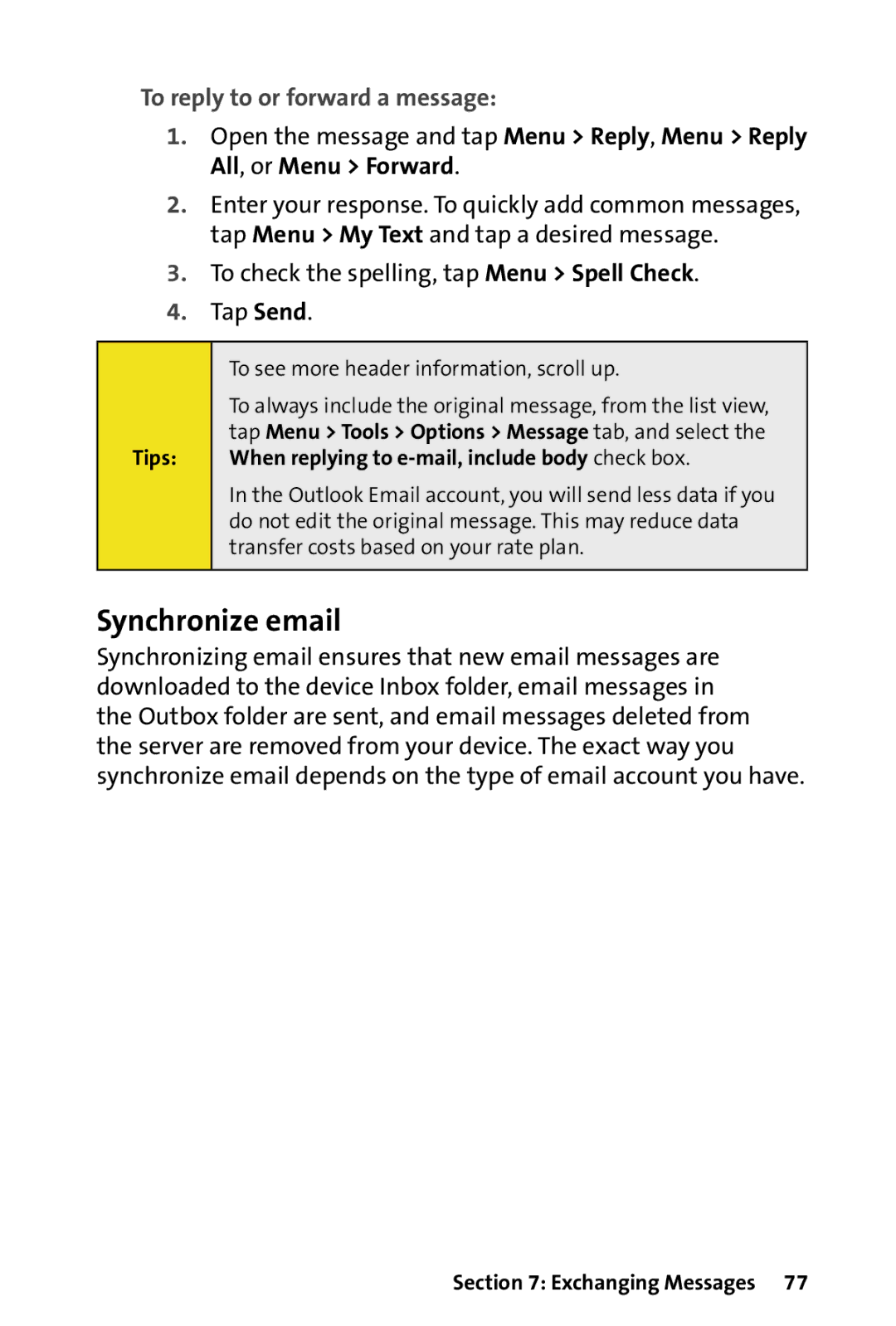 HTC Dash manual Synchronize email, To reply to or forward a message 