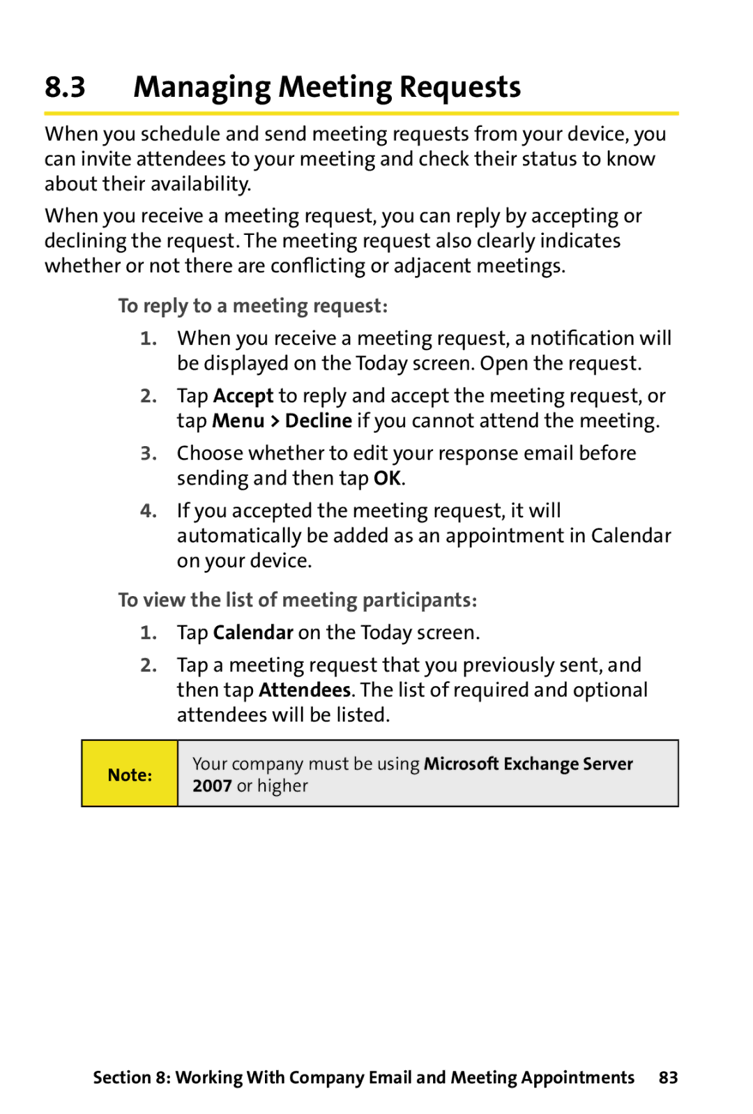 HTC Dash manual Managing Meeting Requests, To reply to a meeting request, To view the list of meeting participants 