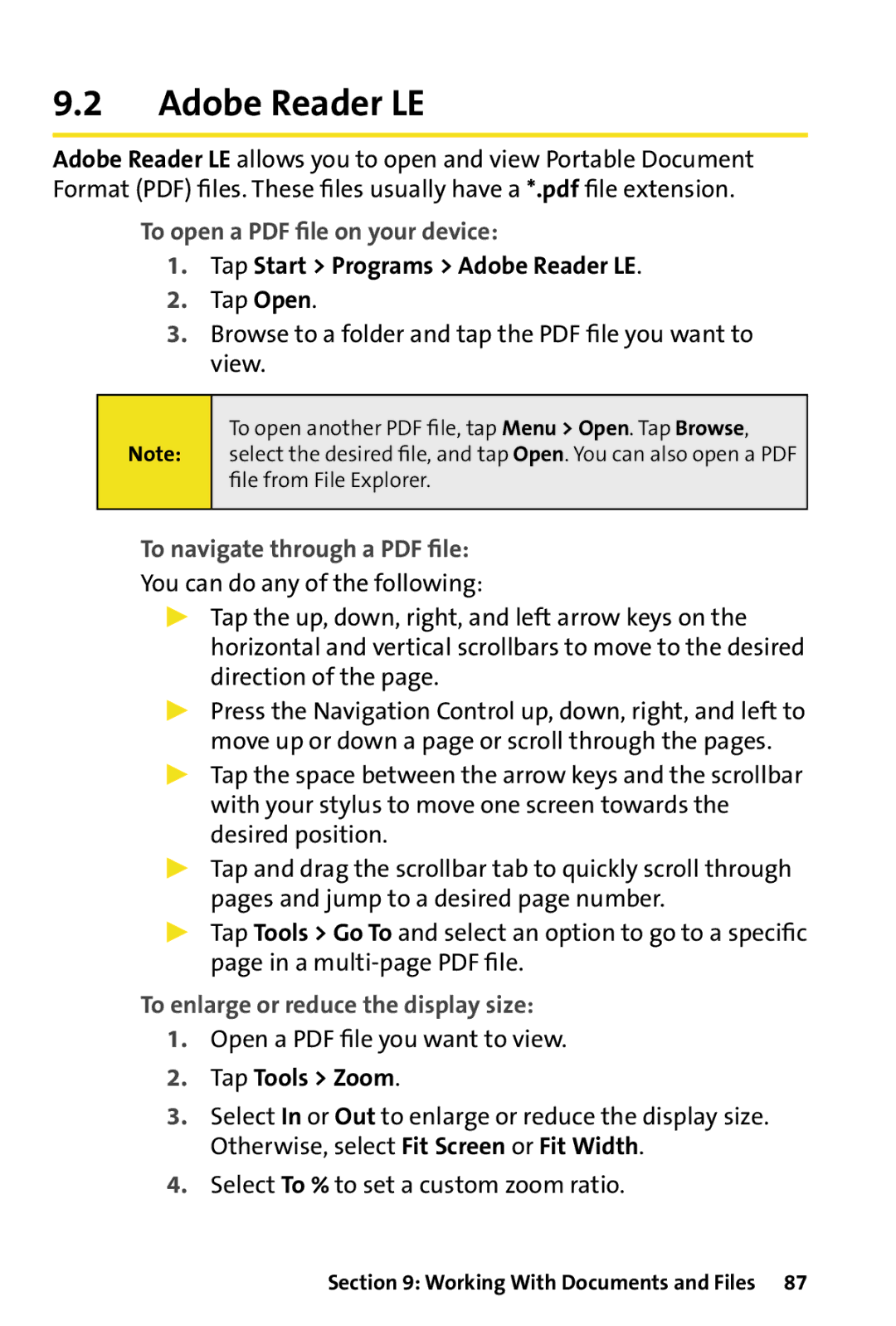 HTC Dash manual Tap Start Programs Adobe Reader LE, To enlarge or reduce the display size, Tap Tools Zoom 