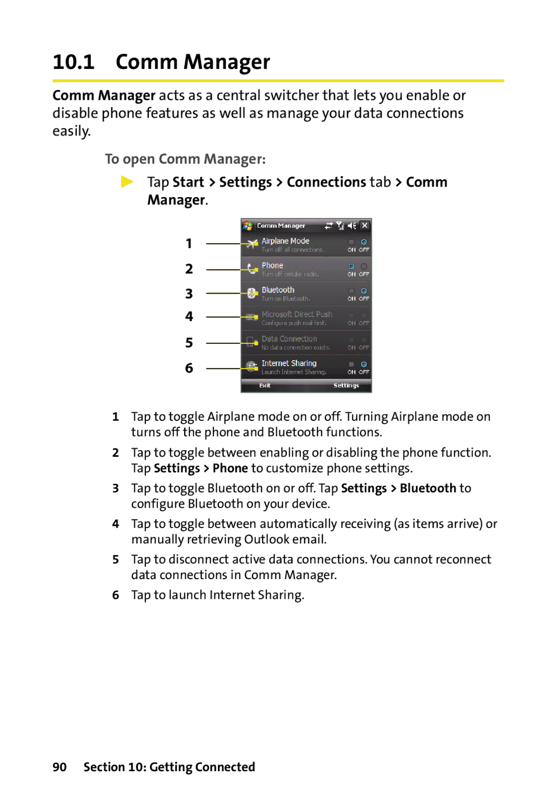 HTC Dash manual To open Comm Manager,  Tap Start Settings Connections tab Comm Manager, Getting Connected 