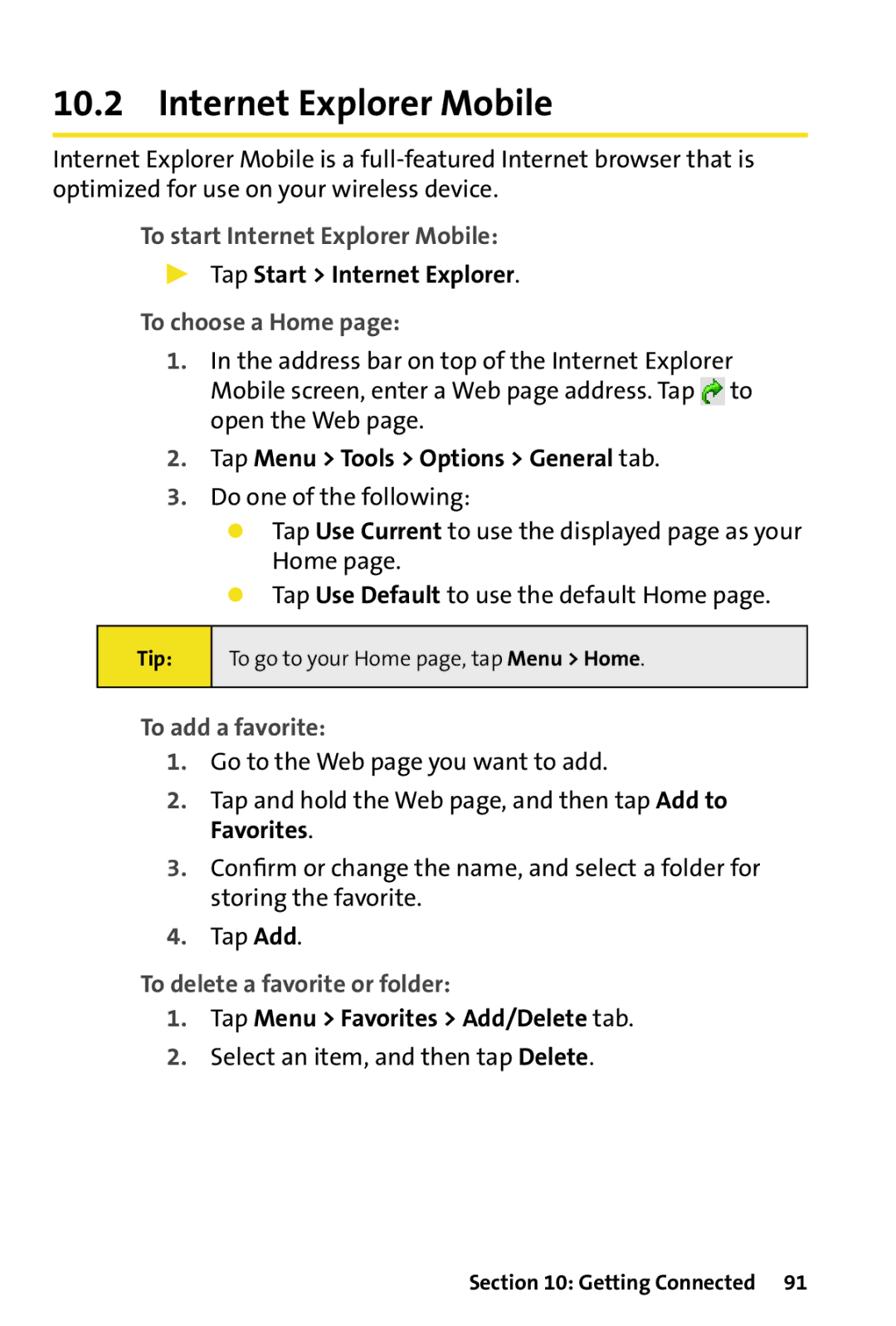 HTC Dash manual To start Internet Explorer Mobile, To choose a Home, To add a favorite, To delete a favorite or folder 